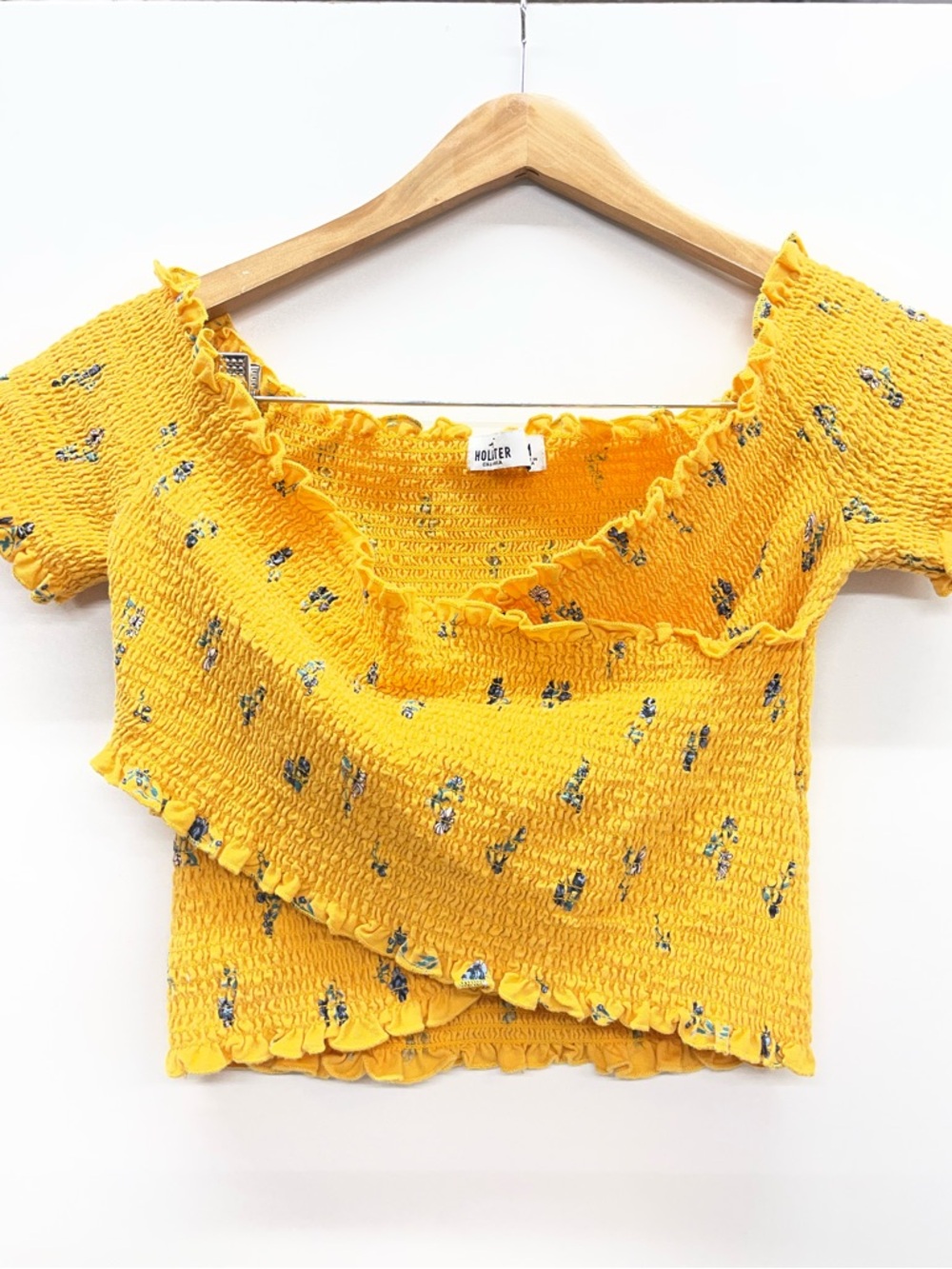 Hollister Yellow Smocked Crop Top with Small Blue Floral Print